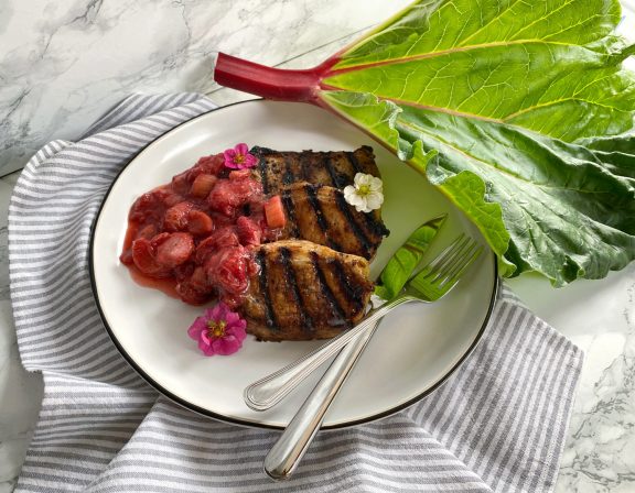 Grilled Balsamic Pork Chops with Strawberry-Rhubarb Compote