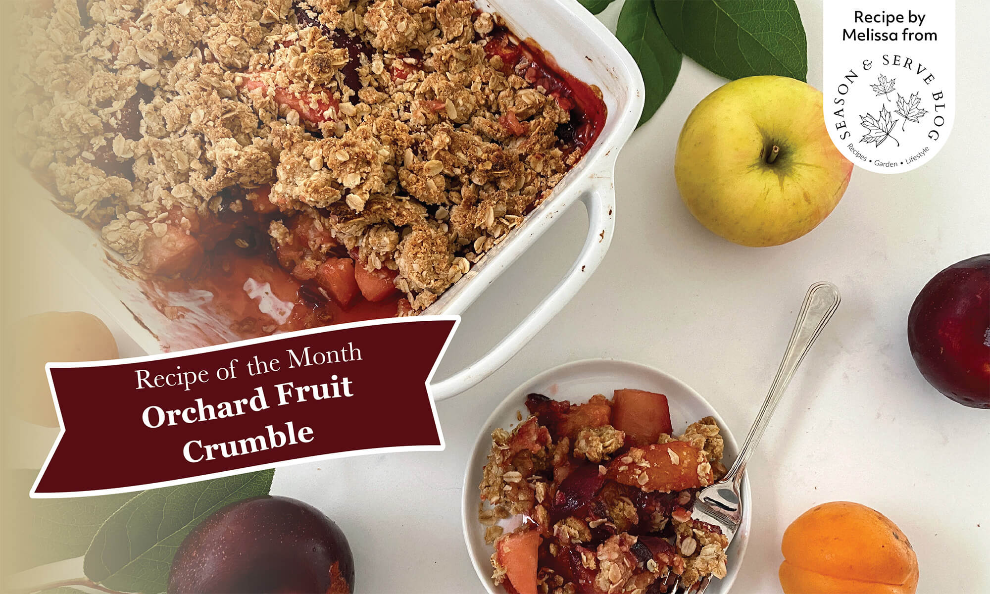 Recipe for Orchard Fruit Crumble This Orchard Fruit Crumble features summer stone fruits including plums and apricots along with autumnal apples, dried cranberries, and spices.
